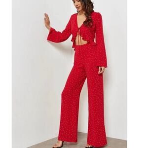 Forever 21 Polka Dot Ruffle Cutout Wide Leg Jumpsuit Red Size Large